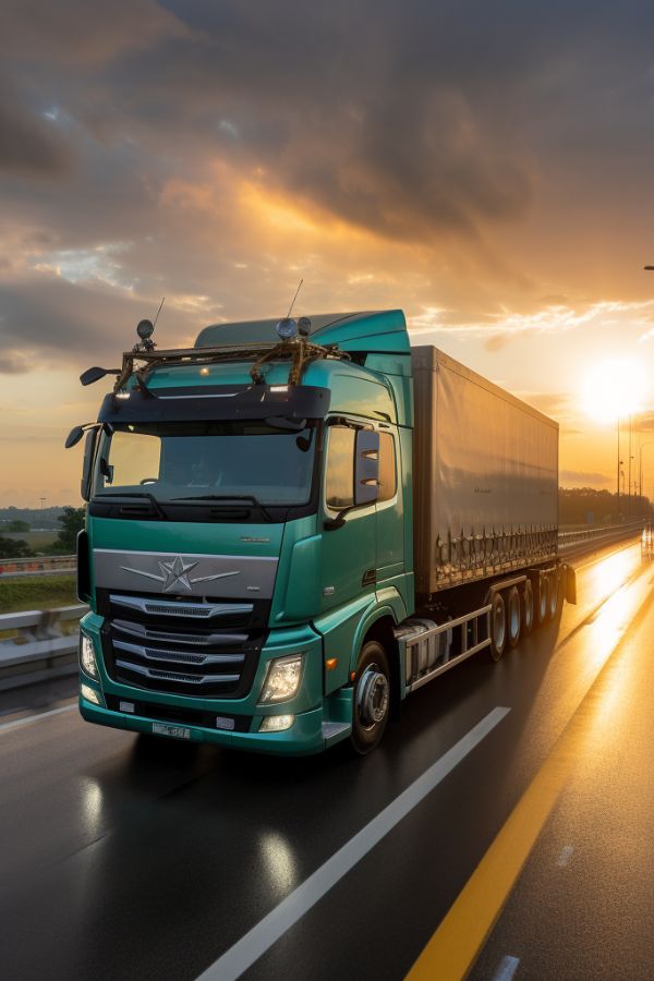 Green truck driving on the road