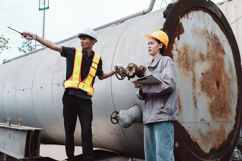 Industrial workers inspecting a large storage tank for oil and gas out-of-gauge transport in Singapore.